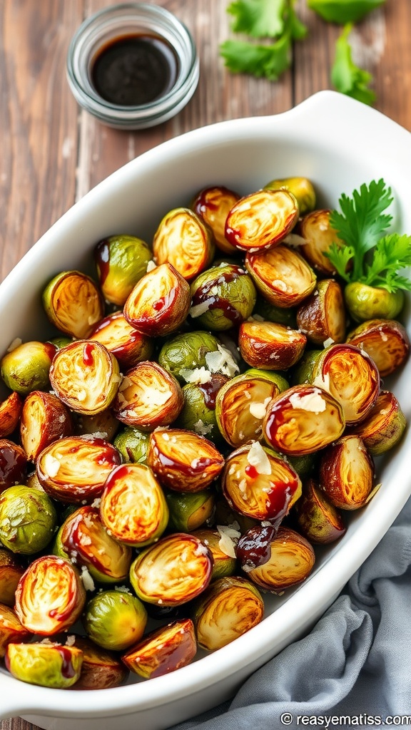 Crispy air fryer Brussels sprouts topped with Parmesan cheese and balsamic glaze on a rustic table.